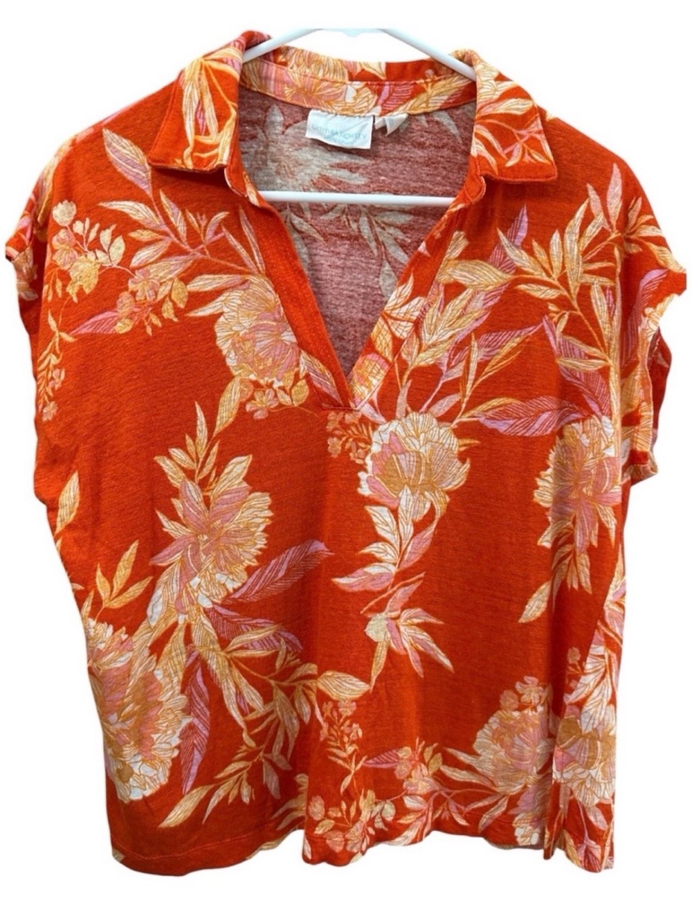 Cynthia Rowley Orange Floral V Neck Top with Pink & Cream Accents 100% Linen L
